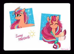 Size: 2048x1504 | Tagged: safe, artist:petaltwinkle, sunny starscout, butterfly, earth pony, g5, cute, duality, eyes closed, female, flower, flower in hair, happy, mane stripe sunny, mare, multicolored hair, passepartout, signature, smiling, solo, sunnybetes