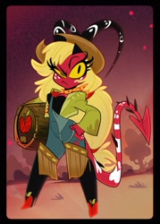 Size: 1500x2100 | Tagged: safe, alternate version, artist:entropystar, applejack, demon, imp, g4, barrel, black background, boots, clothes, cowboy boots, cowboy hat, crossover, demon horns, demonized, devil tail, female, hat, hellaverse, hellborn, horns, impified, overalls, shoes, simple background, solo, species swap, tail