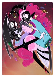 Size: 1500x2100 | Tagged: safe, alternate version, artist:entropystar, pinkie pie, angel, g4, angelic wings, angelified, crossover, exorcist angel, female, halo, hazbin hotel, heavenborn, hellaverse, horns, mask, party cannon, solo, species swap, wings