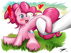 Size: 1600x1200 | Tagged: safe, artist:ruby, pinkie pie, earth pony, pony, g4, blushing, exclamation point, female, heart, holding hooves, mare, offscreen character, open mouth, open smile, sitting, smiling