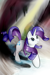 Size: 1600x2400 | Tagged: safe, artist:ruby, rarity, pony, unicorn, g4, cave, cavern, female, horn, looking up, mare, solo, walking, water