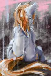 Size: 1600x2400 | Tagged: safe, artist:ruby, oc, oc only, earth pony, pony, gray coat, looking back, rain, sad, sitting, solo
