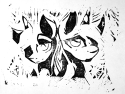 Size: 1200x900 | Tagged: safe, artist:ruby, oc, oc only, oc:asha, pony, unicorn, black and white, bust, female, grayscale, horn, linocut, male, mare, monochrome, portrait, rule 63, self paradox, simple background, solo, stallion, traditional art