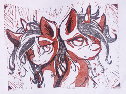 Size: 2087x1565 | Tagged: safe, artist:ruby, oc, oc only, oc:asha, pony, unicorn, bust, female, horn, linocut, male, mare, portrait, rule 63, self paradox, simple background, solo, stallion, traditional art