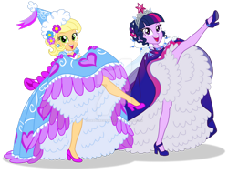 Size: 800x610 | Tagged: safe, artist:sapphiregamgee, applejack, twilight sparkle, equestria girls, g4, can-can, clothes, dancing, deviantart watermark, dress, froufrou glittery lacy outfit, gloves, gown, hat, hennin, high heels, jewelry, long gloves, obtrusive watermark, petticoat, princess costume, shoes, simple background, tiara, transparent background, watermark
