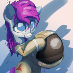 Size: 2367x2367 | Tagged: safe, artist:ruby, oc, oc only, earth pony, pony, bipedal, female, high res, holding, mare, smiling, solo, space helmet, spacesuit