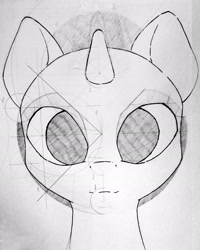 Size: 2190x2739 | Tagged: safe, artist:ruby, pony, unicorn, anatomy, bust, circle, front view, geometry, high res, horn, monochrome, portrait, solo, traditional art, vitruvian pony