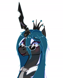 Size: 1650x2030 | Tagged: safe, artist:jarco_082, queen chrysalis, oc, oc only, oc:blacksun, unicorn, g4, black skin, brown eyes, bust, clothes, cosplay, costume, crown, eyelashes, face, funny, horn, jewelry, makeup, male, meme, nervous, nervous smile, regalia, simple background, smiling, solo, sunglasses, white background, white mane, wig