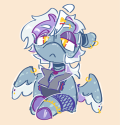 Size: 1205x1253 | Tagged: safe, artist:tottallytoby, oc, oc only, oc:rebel strings, pegasus, pony, g4, :<, ahoge, ambiguous gender, bracelet, bust, clothes, coat markings, colored eyebrows, colored hooves, colored wings, colored wingtips, ear piercing, earring, eye clipping through hair, eyebrow piercing, eyebrows, eyebrows visible through hair, eyelashes, fishnet clothing, freckles, fusion, fusion:inky rose, fusion:lyra heartstrings, gray coat, human shoulders, jewelry, leg freckles, lidded eyes, necklace, pegasus oc, piercing, pink background, short mane, shoulder fluff, simple background, solo, two toned mane, two toned wings, vest, white mane, wing freckles, wing piercing, wings, yellow eyes