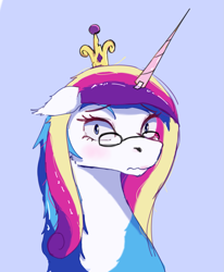 Size: 1883x2290 | Tagged: safe, artist:jarco_082, princess cadance, oc, oc:scout centurion, earth pony, g4, blue eyes, blue mane, blushing, bust, clothes, cosplay, costume, crown, face, floppy ears, glasses, horn, jewelry, light skin, makeup, male, regalia, simple background, wig