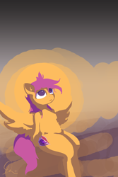 Size: 2362x3543 | Tagged: safe, artist:ruby, scootaloo, pegasus, pony, g4, female, frown, high res, lineless, looking up, sitting, solo, spread wings, sun, wings