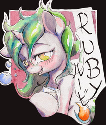 Size: 832x978 | Tagged: safe, artist:ruby, oc, oc only, oc:asha, pony, unicorn, badge, black background, blushing, drink, drunk, female, hoof hold, horn, mare, open mouth, simple background, sitting, smiling, solo, traditional art