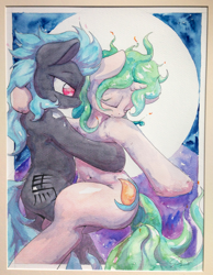 Size: 2219x2861 | Tagged: safe, artist:ruby, oc, oc only, oc:asha, earth pony, pony, unicorn, bipedal, dancing, duo, eyes closed, female, full moon, high res, horn, male, mare, moon, stallion, traditional art, watercolor painting