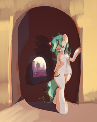 Size: 3000x3750 | Tagged: safe, artist:ruby, oc, oc only, oc:asha, pony, unicorn, semi-anthro, bipedal, doorway, female, high res, horn, looking down, mare, shadow, solo, tunnel