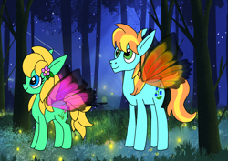 Size: 1414x1000 | Tagged: safe, artist:zetikoopa, firefly (insect), flutter pony, insect, g4, butterfly wings, female, forest, male, mare, nature, night, stallion, tree, wings