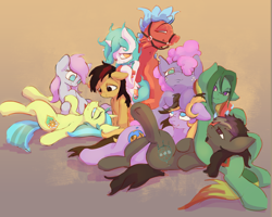 Size: 3000x2400 | Tagged: safe, artist:ruby, oc, oc only, oc:asha, oc:corduroy road, oc:daydream, oc:free speech, oc:fuzz, dragon, earth pony, pony, unicorn, female, high res, horn, male, mare, pony pile, smiling, stallion