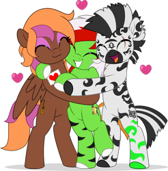 Size: 4912x5000 | Tagged: safe, artist:jhayarr23, oc, oc only, oc:lovesong, oc:nyota, oc:wandering sunrise, earth pony, pegasus, zebra, fallout equestria, fallout equestria: dead tree, bipedal, bisexual, commission, commissioner:solar aura, cute, earth pony oc, eye scar, facial scar, female, green coat, group hug, hug, lesbian, pegasus oc, pegasus wings, scar, simple background, stripes, transparent background, white hooves, wings, your character here, zebra oc