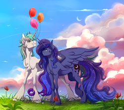 Size: 3793x3353 | Tagged: oc name needed, safe, artist:1an1, princess luna, oc, alicorn, bird, pony, unicorn, g4, balloon, blush lines, blushing, canon x oc, chest fluff, cloud, concave belly, duo, duo male and female, ear fluff, elbow fluff, ethereal hair, ethereal mane, ethereal tail, female, flower, grass, grin, height difference, horn, lanky, looking at each other, looking at someone, male, mare, missing accessory, mouth hold, muscles, skinny, sky, smiling, spread wings, stallion, standing, sternocleidomastoid, straight, tail, tall, thin, unicorn oc, unshorn fetlocks, wings
