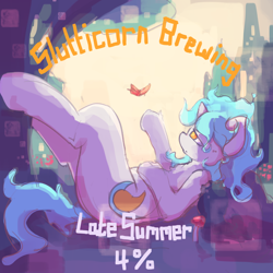 Size: 3000x3000 | Tagged: safe, artist:ruby, oc, oc only, oc:asha, butterfly, pony, unicorn, alcohol, drink, female, high res, horn, label, lying down, mare, on back, profile, sad, solo