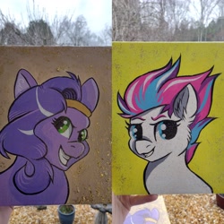 Size: 4096x4096 | Tagged: safe, artist:annuthecatgirl, pipp petals, zipp storm, pegasus, pony, g5, absurd resolution, female, grin, irl, mare, painting, photo, royal sisters (g5), siblings, sisters, smiling, traditional art