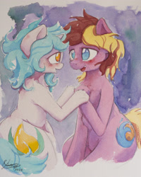 Size: 2998x3748 | Tagged: safe, artist:ruby, oc, oc:asha, oc:corduroy road, earth pony, pony, unicorn, bipedal, blushing, female, high res, holding hooves, horn, male, mare, open mouth, stallion, traditional art, watercolor painting