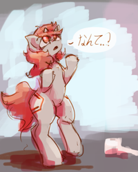 Size: 2333x2916 | Tagged: safe, artist:ruby, oc, oc only, oc:ruby, pony, unicorn, bipedal, high res, horn, japanese, looking up, male, pubic fluff, solo, speech bubble, stallion