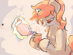 Size: 3000x2250 | Tagged: safe, artist:ruby, oc, oc only, oc:ruby, unicorn, semi-anthro, bipedal, blushing, food, high res, holding, horn, human shoulders, levitation, magic, male, mug, solo, stallion, tea, teapot, telekinesis