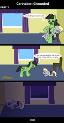 Size: 1920x3688 | Tagged: safe, artist:platinumdrop, derpy hooves, oc, oc:anon, oc:anon stallion, pegasus, pony, comic:caretaker: grounded, series:caretaker, g4, 3 panel comic, abuse, alone, angry, avoiding eye contact, bedroom, blanket, bound wings, butt, caretaker, chair, come here, comic, commission, crying, cuddling, curtains, derpybuse, dialogue, disciplinary action, discipline, domestic abuse, drool, drool on face, duo, duo male and female, ears back, female, flank, floppy ears, folded wings, indoors, looking at each other, looking at someone, looking away, looking down, lying down, male, mare, mouth hold, onomatopoeia, open mouth, over the knee, pain, plot, prone, punishment, raised hoof, reddened butt, room, rope, sad, sad pony, scolding, series, sitting, sound effects, spank marks, spanking, speech bubble, stallion, stern, stubble, talking, tears of pain, tears of sadness, teary eyes, window, wings