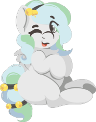 Size: 1128x1442 | Tagged: safe, artist:rhythmpixel, oc, oc only, oc:river chime, pegasus, bells, chubby, female, happy, mare, one eye closed, simple background, sitting, solo, transparent background, wink