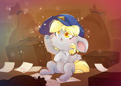 Size: 7016x4961 | Tagged: safe, artist:cutepencilcase, derpy hooves, pegasus, pony, g4, absurd resolution, cute, derpabetes, female, filly, filly derpy, foal, hat, letter, mailmare hat, solo, younger
