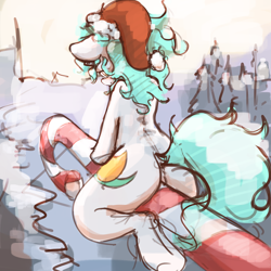 Size: 3000x3000 | Tagged: safe, artist:ruby, oc, oc only, oc:asha, unicorn, semi-anthro, 8 foot candy cane, butt, candy, candy cane, christmas, female, food, hat, high res, holiday, horn, human shoulders, looking back, mare, plot, santa hat, sitting, solo, winter