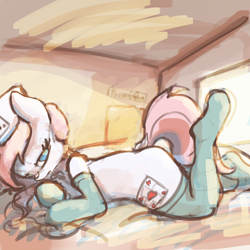 Size: 3000x3000 | Tagged: safe, artist:ruby, nurse redheart, earth pony, semi-anthro, g4, bedroom eyes, clothes, female, hat, high res, human shoulders, latex, latex socks, looking at you, lying down, mare, prone, socks, solo
