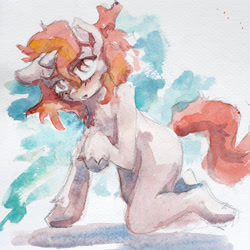 Size: 2974x2974 | Tagged: safe, artist:ruby, oc, oc only, unicorn, semi-anthro, blushing, high res, horn, human shoulders, kneeling, raised hoof, solo, traditional art, watercolor painting