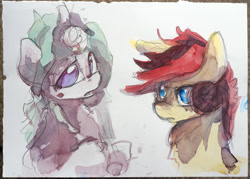 Size: 5167x3691 | Tagged: safe, artist:ruby, oc, oc only, oc:rivana, oc:southern belle, earth pony, pony, unicorn, 2021, absurd resolution, bust, horn, old art, portrait, traditional art, watercolor painting