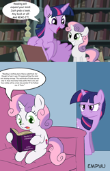 Size: 1086x1687 | Tagged: safe, artist:empyu, edit, sweetie belle, twilight sparkle, alicorn, pony, unicorn, castle mane-ia, g4, arthur schopenhauer, book, bookshelf, castle of the royal pony sisters, duo, duo female, female, filly, foal, mare, reading, sweetie belle's book, twilight sparkle (alicorn), unicorn twilight