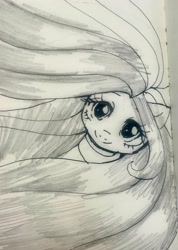 Size: 2374x3341 | Tagged: safe, artist:peanutfrogy, fluttershy, pegasus, pony, g4, choker, chokershy, cute, long hair, long mane, rapunzel, shyabetes, solo, traditional art