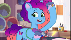 Size: 1284x720 | Tagged: safe, screencap, misty brightdawn, pony, unicorn, g5, my little pony: tell your tale, sparkle school, spoiler:g5, spoiler:my little pony: tell your tale, spoiler:tyts01e58, blowtorch, bracelet, coat markings, concave belly, crystal brighthouse, cute, female, friendship bracelet, gradient mane, gradient tail, hoof hold, horn, indoors, jewelry, magnetic hooves, mare, mistybetes, open mouth, pale belly, rebirth misty, socks (coat markings), tail, welding