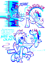 Size: 652x901 | Tagged: safe, artist:yl0w, applejack, rainbow dash, earth pony, pegasus, pony, g4, 2 panel comic, applejack's hat, blue text, comic, concerned, cowboy hat, critical hit, crying, dialogue, dizzy, drool, duo, duo female, eye clipping through hair, eyebrows, eyebrows visible through hair, eyelashes, female, freckles, frown, grimace, hat, heart, holding, holding a pony, kick, kicking, lesbian, limited palette, mare, ponytail, purple text, ship:appledash, shipping, simple background, sweat, sweatdrop, tail, talking, teardrop, text, tied tail, tongue out, unshorn fetlocks, violence, wavy mouth, white background, wide eyes, wingding eyes
