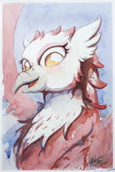 Size: 1684x2500 | Tagged: safe, artist:ruby, oc, oc only, oc:bobbie, griffon, 2021, bust, griffish isles, high res, old art, open mouth, smiling, solo, spread wings, traditional art, watercolor painting, wings