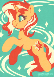 Size: 2926x4152 | Tagged: safe, artist:dandy, sunset shimmer, pony, unicorn, g4, acrylic painting, female, high res, horn, limited palette, mare, smiling, solo, traditional art