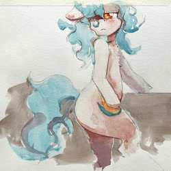 Size: 1373x1373 | Tagged: safe, artist:ruby, oc, oc only, oc:asha, semi-anthro, 2022, bipedal, female, hair over one eye, human shoulders, mare, old art, solo, traditional art, turned head, watercolor painting