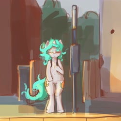 Size: 3000x3000 | Tagged: safe, artist:ruby, oc, oc only, oc:asha, unicorn, semi-anthro, backpack, bipedal, bus stop, female, high res, horn, human shoulders, lidded eyes, mare, solo, standing, street, tired