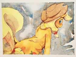 Size: 2048x1536 | Tagged: safe, artist:ruby, applejack, earth pony, semi-anthro, g4, applejack's hat, bipedal, blushing, cowboy hat, dock, female, hat, human shoulders, looking back, mare, sitting, smiling, solo, tail, traditional art, watercolor painting