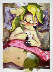 Size: 920x1228 | Tagged: safe, artist:ruby, oc, oc only, oc:rhythm fruit, deer, blanket, blushing, chest fluff, female, glasses, human shoulders, pillow, pince-nez, sleeping, solo, traditional art, unshorn fetlocks, watercolor painting