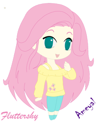 Size: 828x1048 | Tagged: safe, artist:ameyal, fluttershy, human, g4, clothes, cute, cutie mark on clothes, humanized, simple background, smiling, solo, transparent background