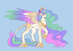 Size: 2246x1559 | Tagged: safe, alternate version, artist:pretzelprince, princess celestia, alicorn, pony, g4, alternate color palette, alternate design, beige coat, blaze (coat marking), blue background, blushing, chest fluff, coat markings, colored horn, colored pinnae, colored wings, concave belly, crown, dappled, ear fluff, ethereal mane, ethereal tail, eyebrows, eyebrows visible through hair, facial markings, female, fetlock tuft, hoof shoes, horn, jewelry, leg fluff, leonine tail, long horn, long mane, long tail, looking up, mare, multicolored mane, multicolored tail, multicolored wings, neck fluff, no mouth, pale belly, partially open wings, princess shoes, purple eyes, raised hoof, redesign, regalia, simple background, solo, spread wings, standing, starry mane, starry tail, starry wings, tail, tail fluff, tiara, unicorn horn, unshorn fetlocks, wavy mane, wavy tail, wing fluff, wingding eyes, wings
