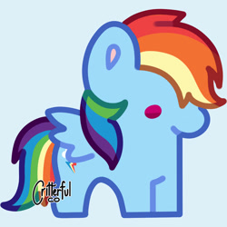 Size: 828x828 | Tagged: safe, artist:critterfulco, rainbow dash, pegasus, pony, g4, blue background, chibi, cyan background, female, simple background, solo