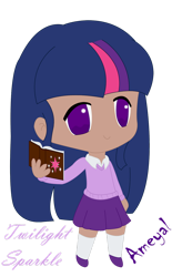 Size: 828x1334 | Tagged: safe, artist:ameyal, twilight sparkle, human, g4, book, clothes, cutie mark on book, humanized, simple background, skirt, solo, sweater vest, tan skin, transparent background