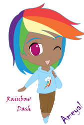 Size: 827x1220 | Tagged: safe, artist:ameyal, rainbow dash, human, g4, clothes, cutie mark on clothes, dark skin, hoodie, humanized, pants, shirt, shoes, simple background, smiling, solo, transparent background