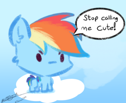 Size: 814x664 | Tagged: safe, artist:staceyld636, rainbow dash, pegasus, pony, g4, angry, chibi, cloud, cute, ear fluff, female, i'm not cute, madorable, mare, solo